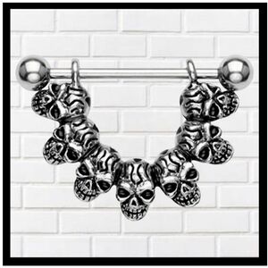 Nipple Sheild Rings, 7 Skulls, Stainless Steel, sold as Pair
